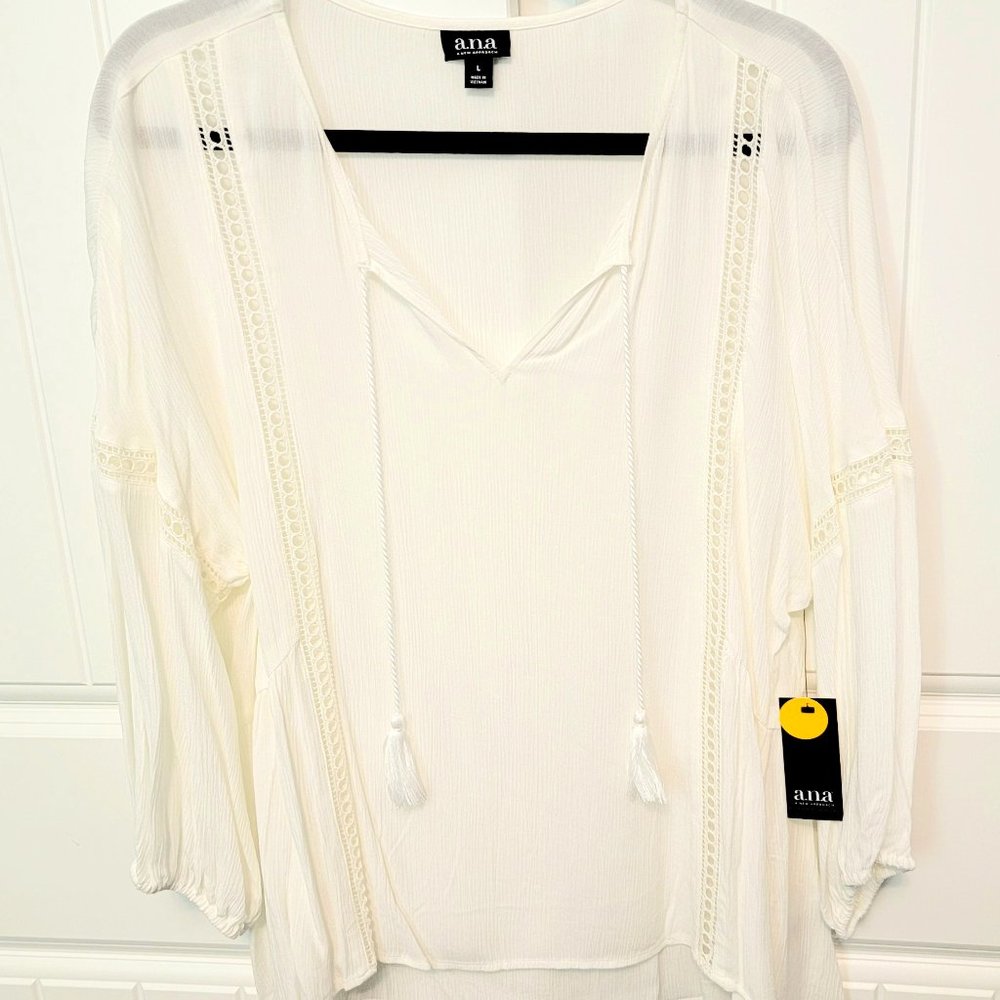A.n.a. Womens Large Ivory Sheer V-Neck Tassel 3/4 Sleeve Peasant Blouse NWT $44